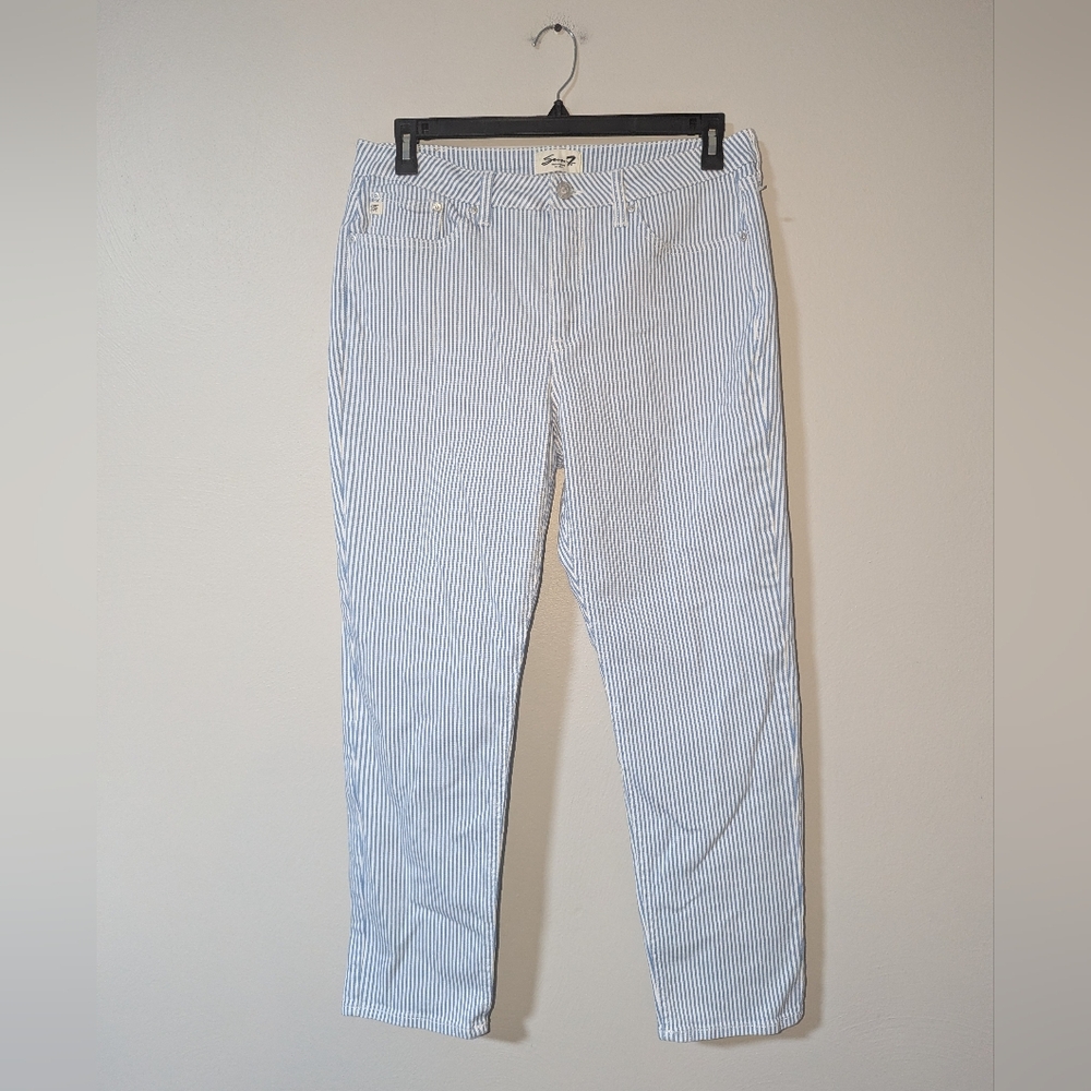 Seven7 Women's Blue and White Striped Straight Leg Jeans
